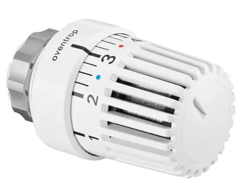 Thermostat von Oventrop mit Flüssigfühler und numerischer Skala zur Temperaturregelung. Weißes Gehäuse mit seitlicher Klemmverbindung.